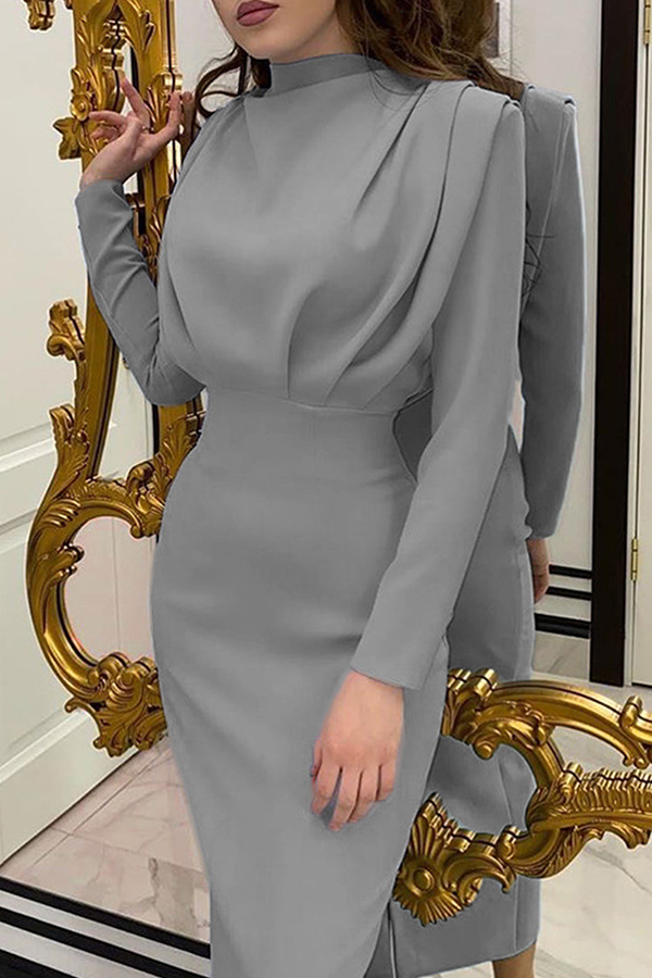 Elegant Solid Patchwork Fold Mandarin Collar Waist Skirt Dresses