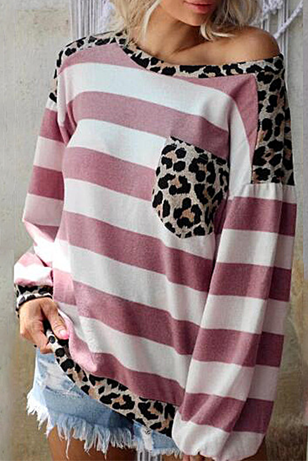 Casual Striped Leopard Pocket O Neck Tops(8 Colors)