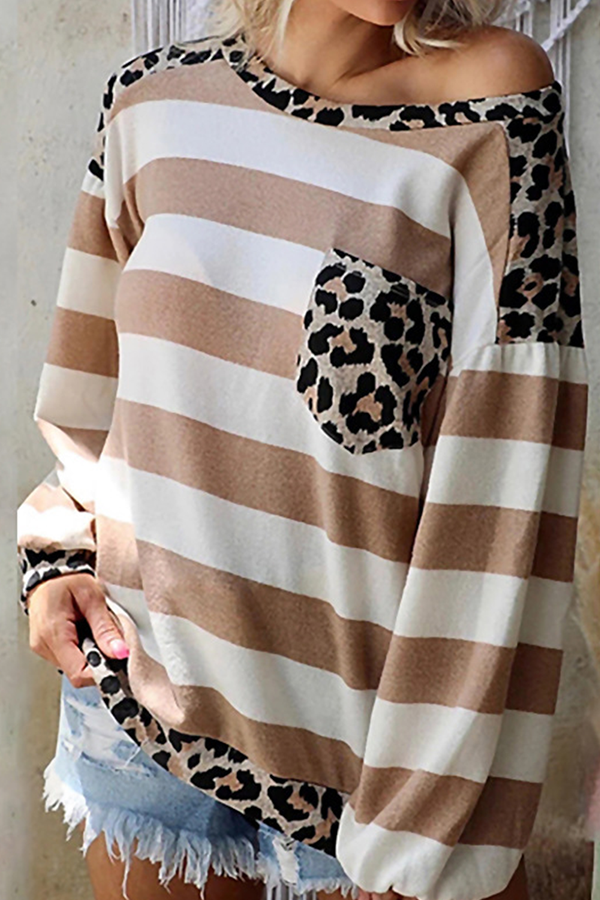 Casual Striped Leopard Pocket O Neck Tops(8 Colors)