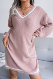 Casual Striped Split Joint  Contrast V Neck A Line Dresses Sweater (Without Belt)