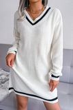 Casual Striped Split Joint  Contrast V Neck A Line Dresses Sweater (Without Belt)