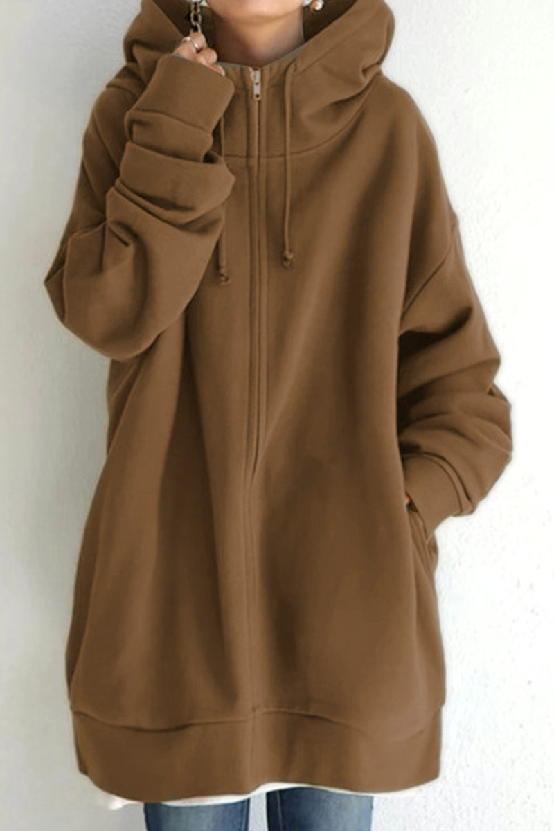 Casual Solid Draw String Pocket Zipper Hooded Collar Tops(13 colors)