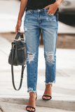 Temperament Commuting Solid Color Street Tassel Ripped Jeans