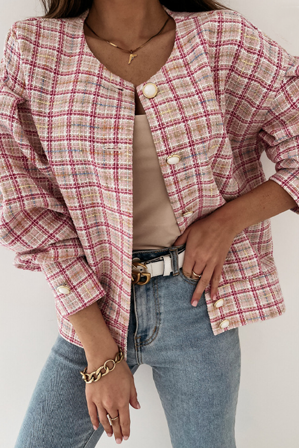 Casual Plaid Buckle O Neck Outerwear