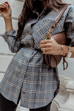 Casual Plaid Pocket Buckle With Belt Turndown Collar Tops(3 Colors)