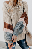 Casual Striped Split Joint  Contrast V Neck Tops Sweater