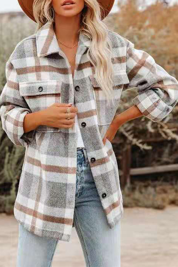 Casual Plaid Pocket Buckle Turndown Collar Outerwear(8 Colors)