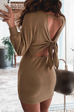 Casual Solid Backless Strap Design O Neck Pencil Skirt Dresses