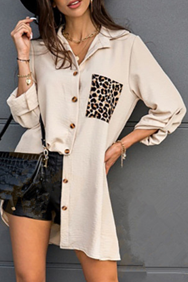 Casual Leopard Patchwork Buckle Turndown Collar Tops