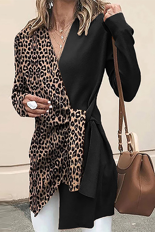 Casual Elegant Leopard Patchwork Strap Design V Neck Outerwear