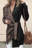 Prendas de abrigo con cuello en V y diseño de correa de retales de leopardo elegante informal