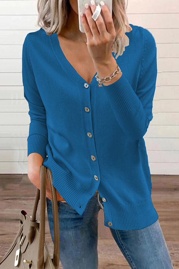 Casual Solid Patchwork Buckle V Neck Tops Sweater(12 Colors)