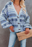 Casual Geometric Patchwork Buckle V Neck Outerwear Sweater