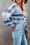 Casual Geometric Patchwork Buckle V Neck Outerwear Sweater