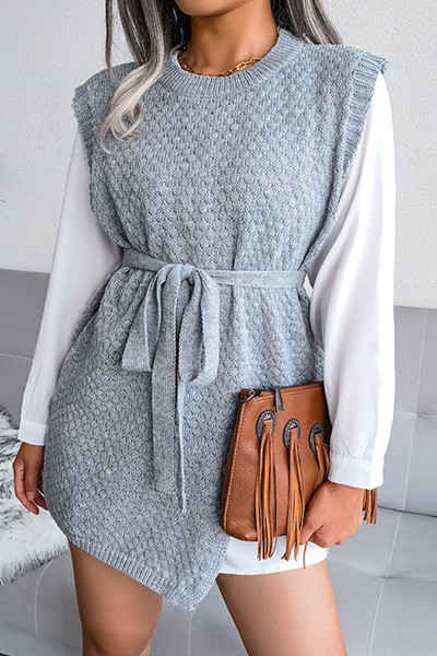 Casual Solid Slit With Belt O Neck Tops Sweater(5 colors)