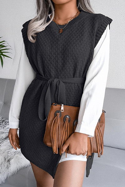 Casual Solid Slit With Belt O Neck Tops Sweater(5 colors)