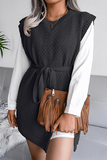 Casual Solid Slit With Belt O Neck Tops Sweater