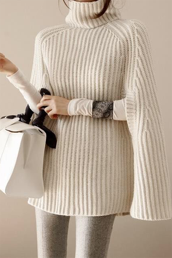 Casual Street Solid Split Joint Turtleneck Tops Sweater (Without Belt)