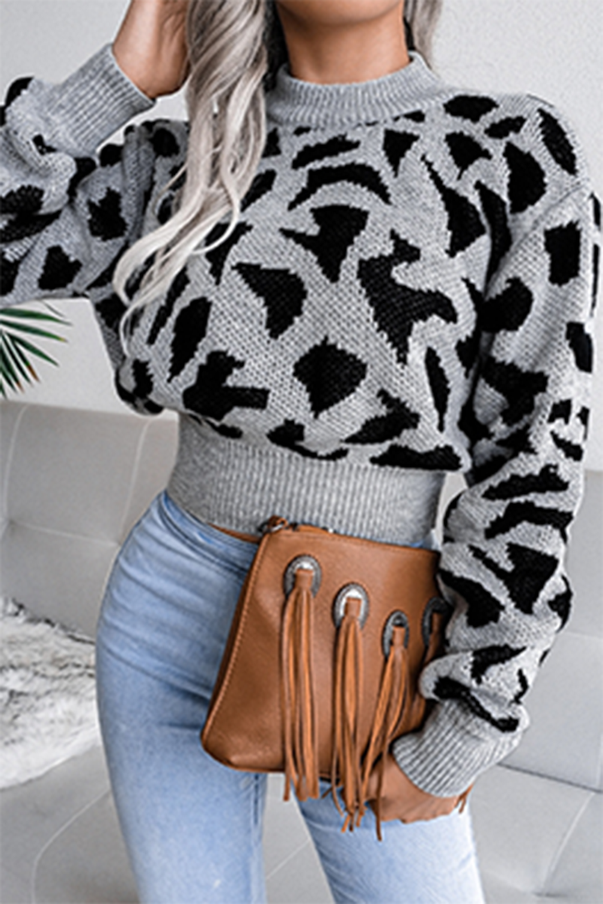 Casual Print Split Joint  Contrast O Neck Tops
