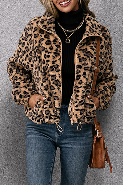 Fashion Street Leopard Draw String Zipper Turndown Collar Outerwear