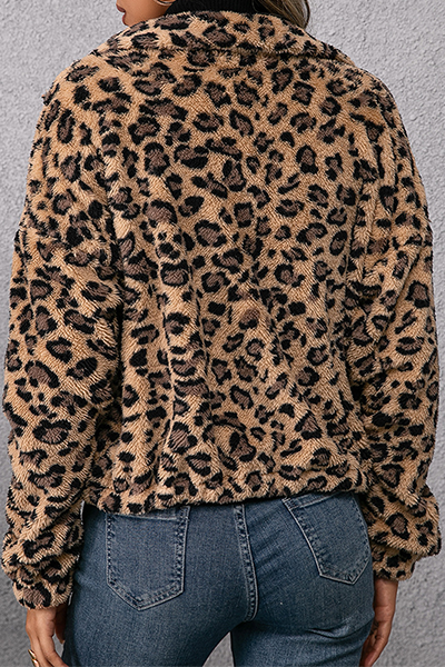 Fashion Street Leopard Draw String Zipper Turndown Collar Outerwear