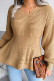 Suéteres casuais sólidos patchwork com babados e decote em V (3 cores)