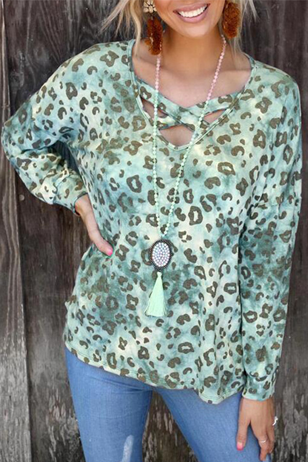 Casual Leopard Hollowed Out Split Joint V Neck Tops(3 colors)