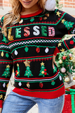 Tops informales con cuello en O y lentejuelas con estampado de árbol de Navidad y letras