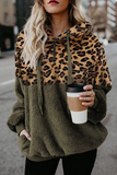 Casual Leopard Draw String Pocket Zipper Hooded Collar Tops(5 Colors)