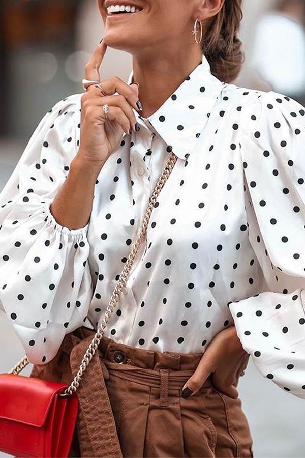 Fashion Elegant Polka Dot Split Joint Buckle Turndown Collar Tops