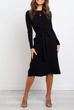 Fashion Casual Solid Basic With Belt O Neck Dresses
