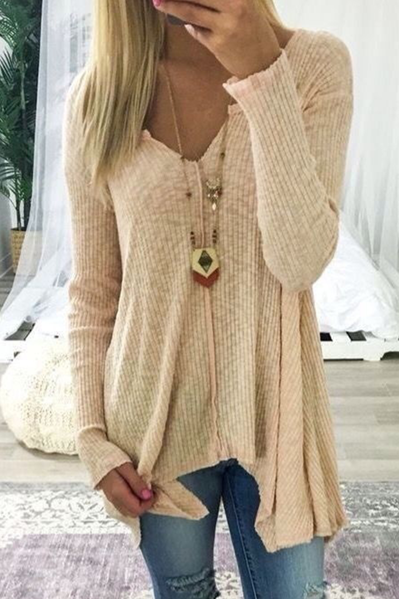 Casual Solid Patchwork V Neck Long Sleeve Tops(5 Colors)