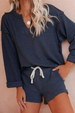 Casual Solid Patchwork Draw String V Neck Long Sleeve Two Pieces