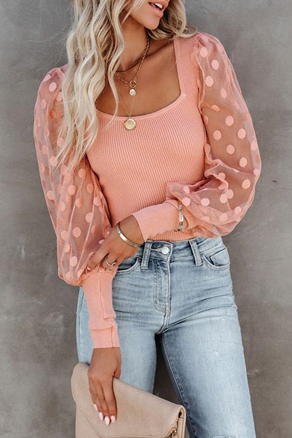 Fashion Elegant Polka Dot Patchwork See-through Square Collar Tops(3 colors)