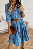 Fashion Solid Buckle With Belt Turndown Collar Cake Skirt Dresses