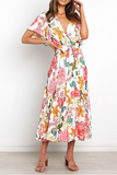 Moda elegante floral com babados com alça e decote em V vestidos de saia de cintura (4 cores)