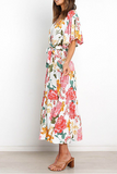 Vestidos de falda de cintura con cuello en V con diseño de correa de volante floral elegante de moda (4 colores)