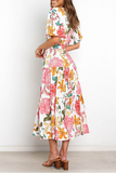 Moda elegante floral com babados com alça e decote em V vestidos de saia de cintura (4 cores)