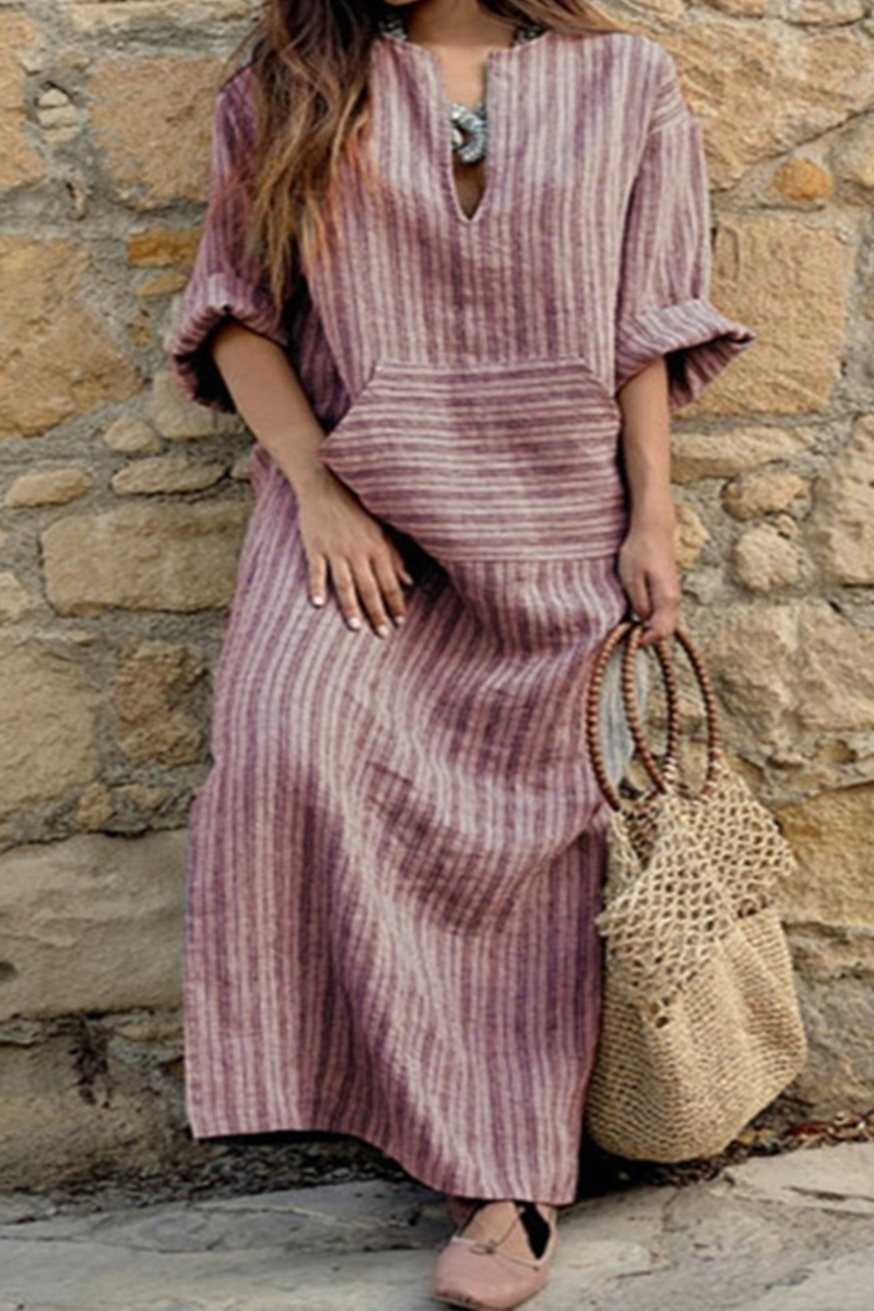 Casual Striped Split Joint V Neck Straight Dresses(3 colors)