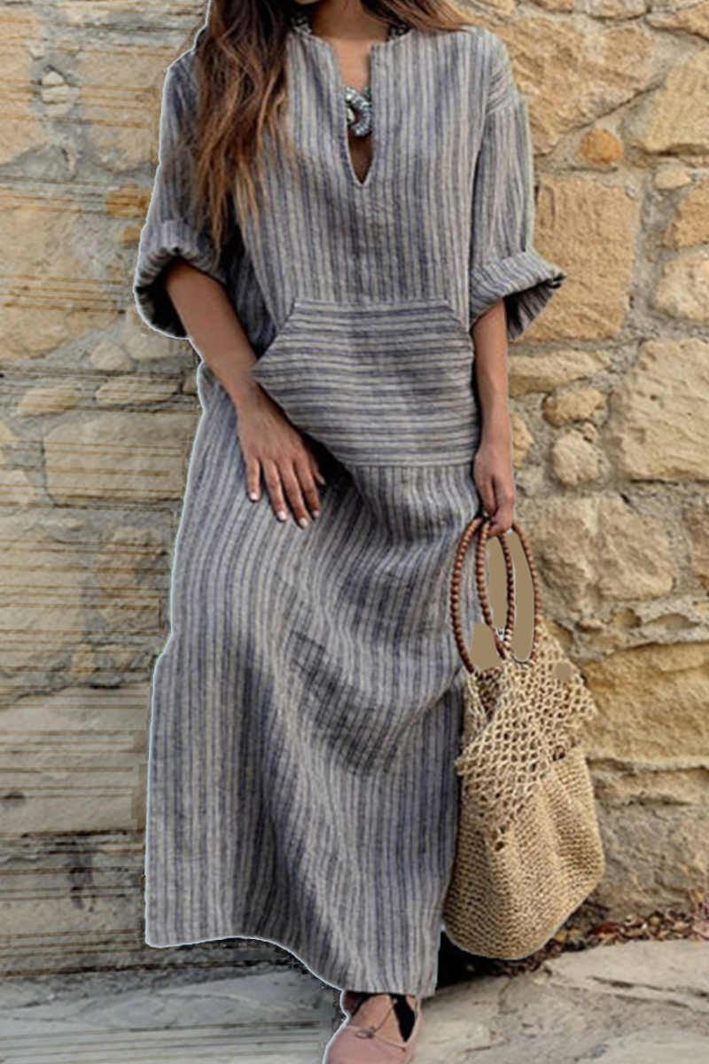 Casual Striped Split Joint V Neck Straight Dresses(3 colors)