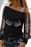 Casual Patchwork Mesh Hot Drill Off the Shoulder Tops