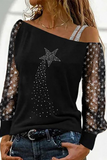 Casual Patchwork Mesh Hot Drill Off the Shoulder Tops