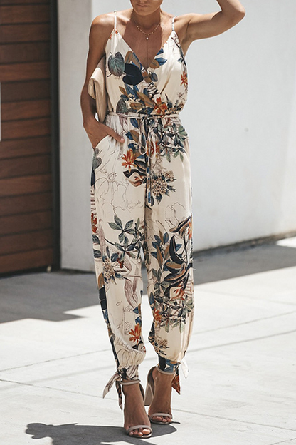 Casual Print Patchwork Spaghetti Strap Harlan Jumpsuits(4 Colors)