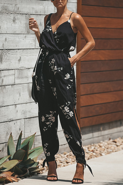 Casual Print Patchwork Spaghetti Strap Harlan Jumpsuits(4 Colors)