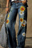 Jeans casual estampado patchwork com corte bota (8 cores)