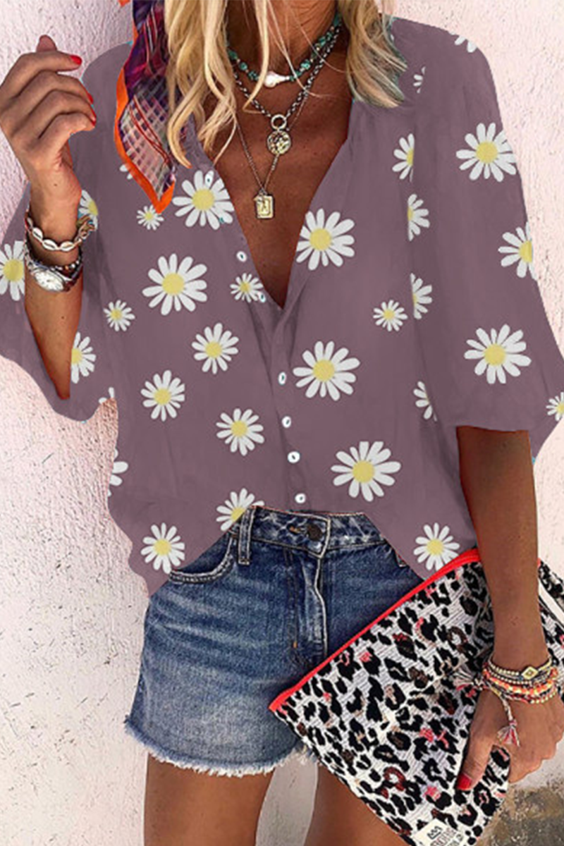 Casual Print Patchwork V Neck Blouses(4 Colors)