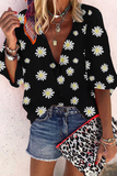 Casual Print Patchwork V Neck Blouses(4 Colors)
