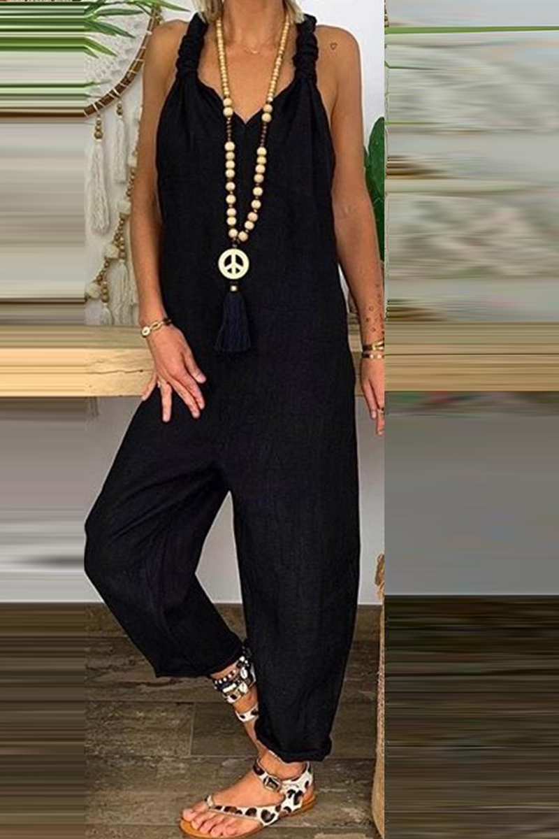 Casual Solid Backless Knotted V Neck Loose Jumpsuits(6 Colors)