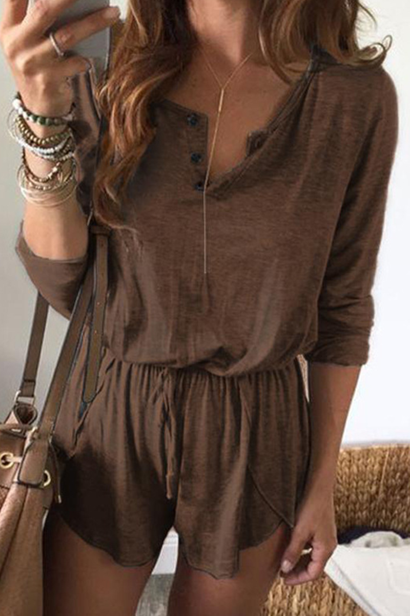 Casual Solid Patchwork V Neck Straight Rompers