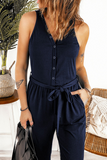 Casual Solid Buckle Halter Harlan Jumpsuits
